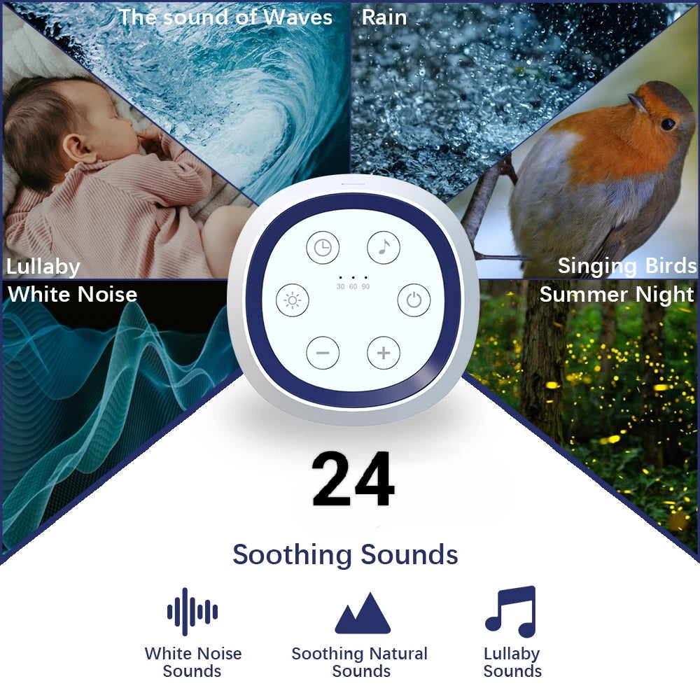 24-Sound White Noise Machine with Warm Breathing Night Light, 30/60/90-Minute Auto-Off Timer and USB Rechargeable Design for Nursery and Travel