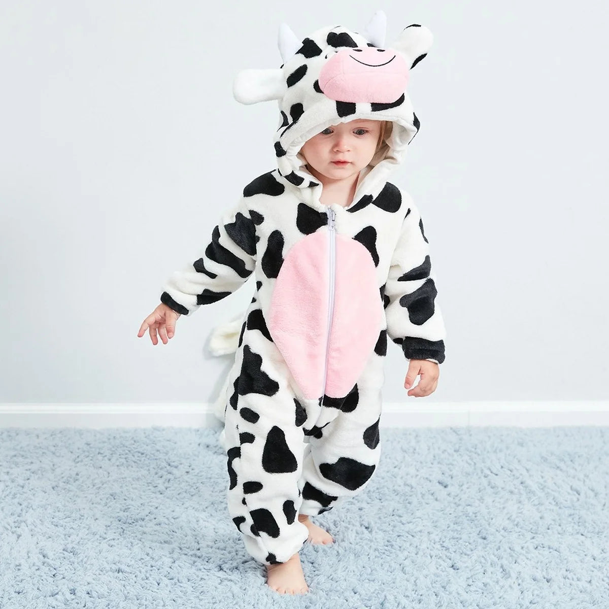 Baby Animal Hooded Costume Jumpsuit with Flannel Styling, Duck, Rabbit, Leopard and More Dress-Up Options for Boys and Girls, Sizes 70-120