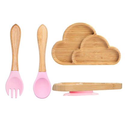 Baby Bamboo Suction Plate Set with Wooden-Handle Spoon and Fork, 3-Piece Cartoon Dinnerware with Divided Elephant Design for Toddler Meals