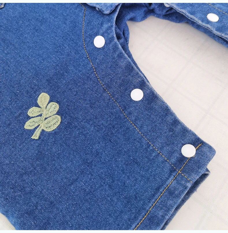 Collared Baby Denim Romper by IENENS with Chest Pockets and Snap Fastenings, Blue Long Sleeve One-Piece Outfit for Boys and Girls in 0-18M Sizes