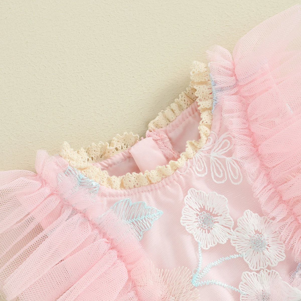 Embroidered Baby Girl Romper Dress with Pink Floral Mesh Skirt and Flutter Sleeves, Matching Headband and Snap Bottom for Party Photos, 0-24 Months