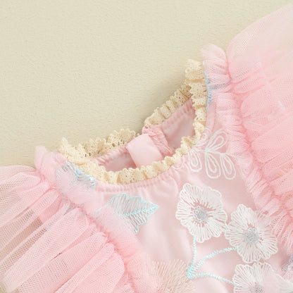 Embroidered Baby Girl Romper Dress with Pink Floral Mesh Skirt and Flutter Sleeves, Matching Headband and Snap Bottom for Party Photos, 0-24 Months
