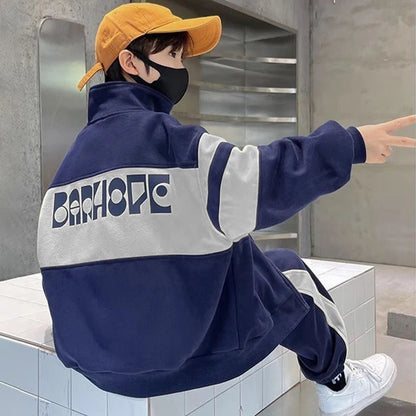 Colorblock Boys Tracksuit with Stand-Collar Zip-Up Jacket and Matching Jogger Pants, Gray or Navy Two-Piece Casual Outfit for Ages 4-12