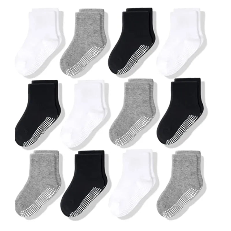 Cotton-Rich Baby Non-Slip Socks 12-Pair Pack, Crew Grip Socks with Ribbed Cuffs and Stretch Fit for Infant and Toddler Boys and Girls