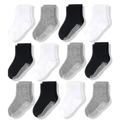 Cotton-Rich Baby Non-Slip Socks 12-Pair Pack, Crew Grip Socks with Ribbed Cuffs and Stretch Fit for Infant and Toddler Boys and Girls
