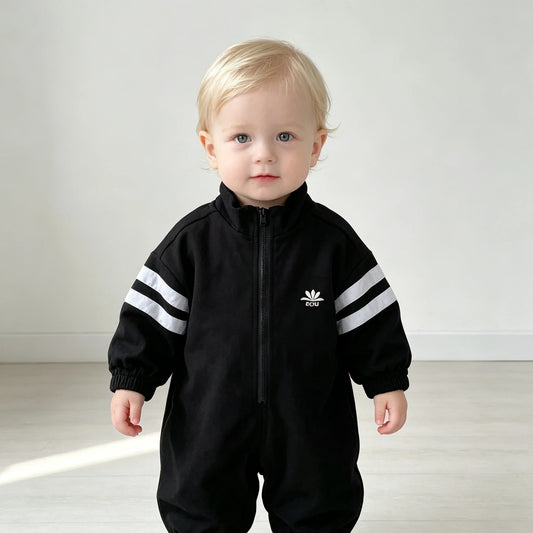 Baby Boys Sports Jumpsuit with Striped Sleeves and Front Zipper, Long Sleeve One-Piece Spring and Fall Outfit in Tan or Black