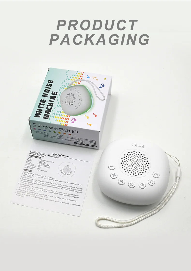 White Noise Machine with Night Light, 20 Soothing Sounds, 22 Volume Levels and 30/60/90-Minute Timer, USB-C Rechargeable for Nursery and Travel
