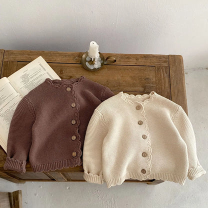 Scalloped Neck Baby Cardigan with Button Front, Textured Knit and Ribbed Cuffs, Long Sleeve Infant and Toddler Sweater in Khaki or Apricot