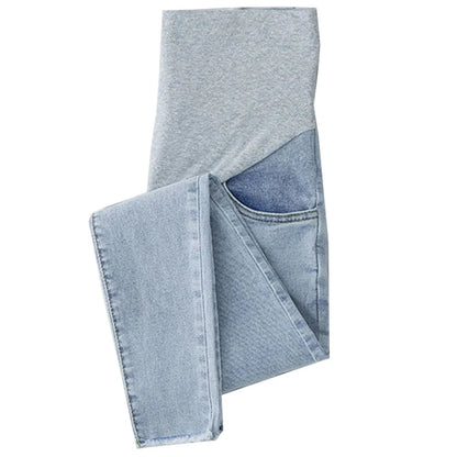 Maternity Denim Jeans with Over-Belly Panel, Blue Pregnancy Pants with Frayed Hem Styling, M-2XL Options for Everyday Casual Outfits