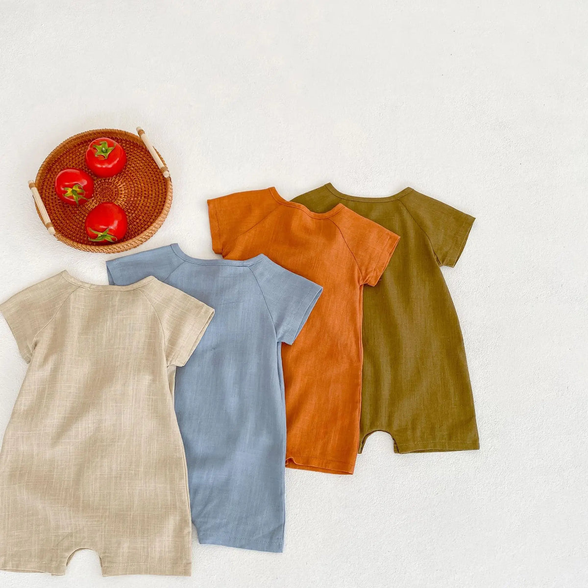 Baby Wrap Romper in Linen Cotton with Short Sleeves and Side Ties, V-Neck Summer One-Piece Outfit for Boys and Girls in Four Color Options