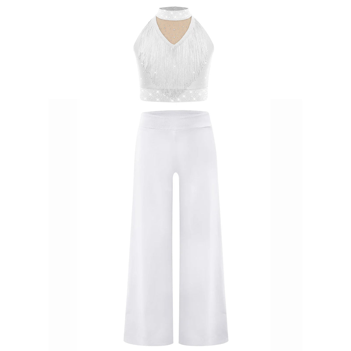 Girls Lyrical Dance Costume Set with Mock Neck Sparkle Top and Wide Leg Pants, Chiffon Overlay and Sleeveless Styles for Recitals and Stage Performances