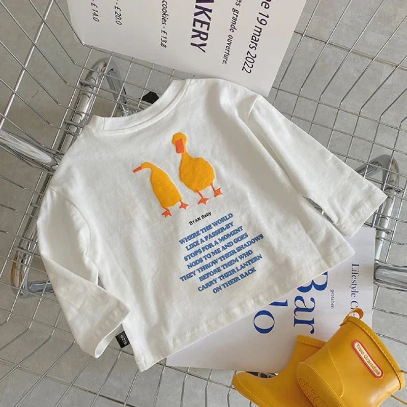 Duck Print Kids Long Sleeve T-Shirt with Crewneck and Letter Graphic, Loose Cotton Casual Top in White or Black for Spring Outfits, Sizes 90-140
