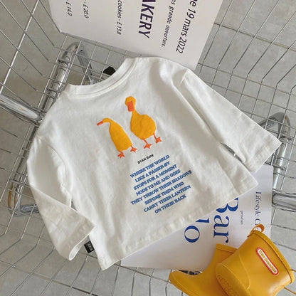 Duck Print Kids Long Sleeve T-Shirt with Crewneck and Letter Graphic, Loose Cotton Casual Top in White or Black for Spring Outfits, Sizes 90-140