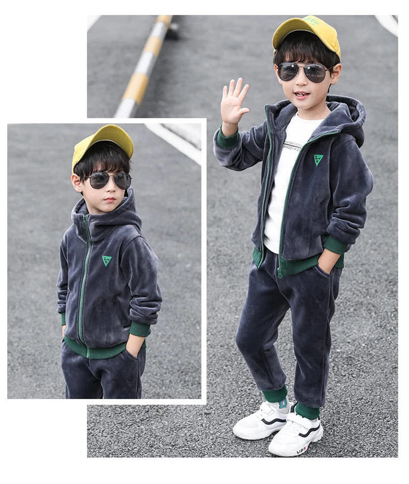 Boys Winter Tracksuit Set with Velvet-Texture Zip-Up Hooded Jacket and Matching Pants, 2-Piece Polyester Outfit for Ages 3-10