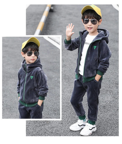 Boys Winter Tracksuit Set with Velvet-Texture Zip-Up Hooded Jacket and Matching Pants, 2-Piece Polyester Outfit for Ages 3-10