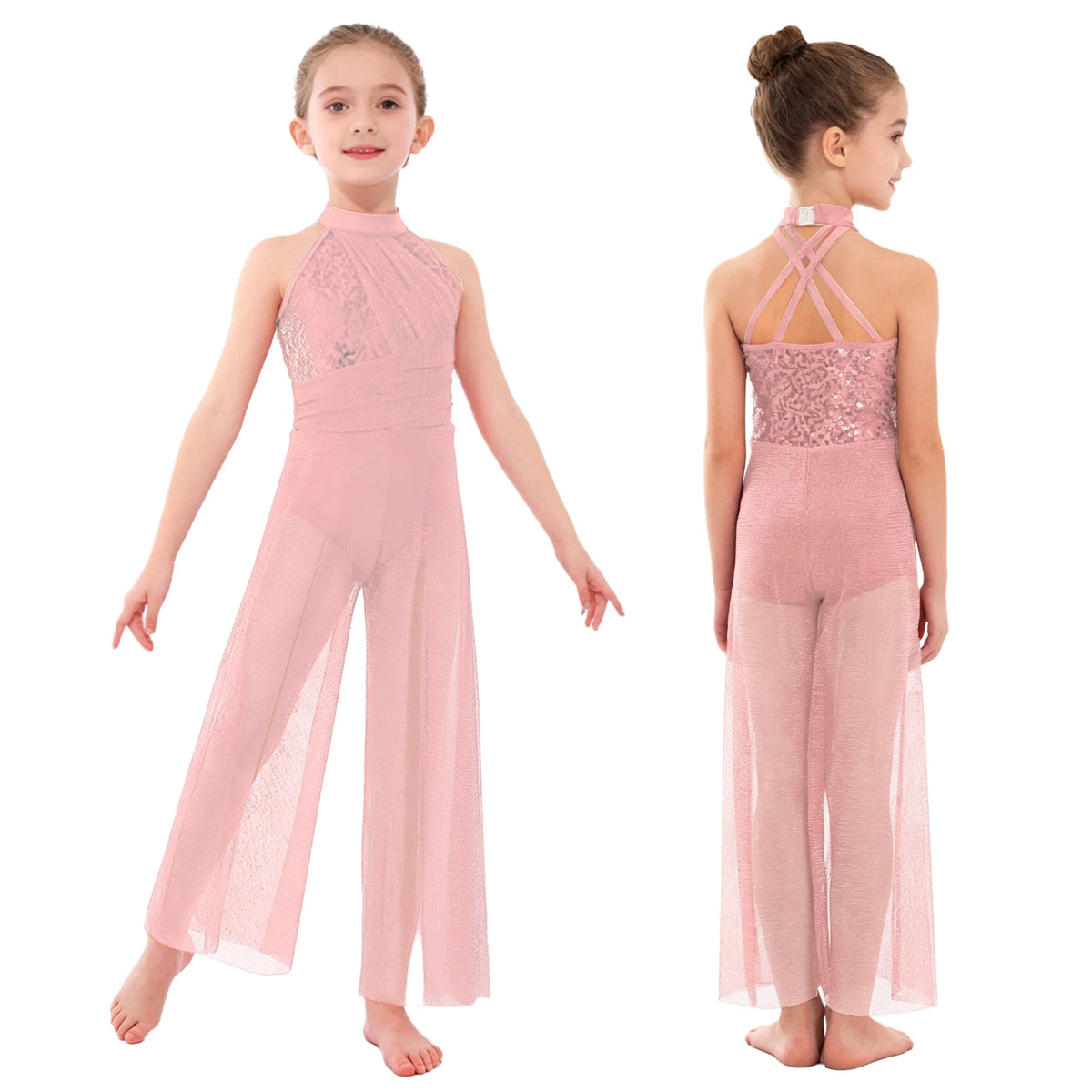 Girls Sequin Dance Jumpsuit with Split Wide-Leg Mesh, Sleeveless Mock Neck and Crisscross Back for Lyrical Recitals and Stage Performances