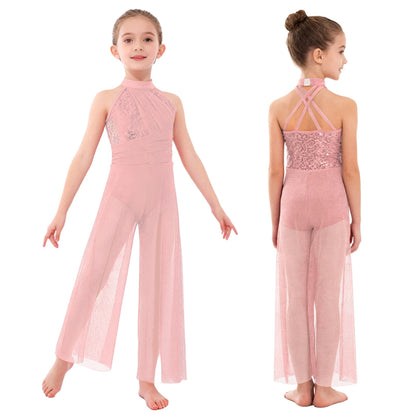 Girls Sequin Dance Jumpsuit with Split Wide-Leg Mesh, Sleeveless Mock Neck and Crisscross Back for Lyrical Recitals and Stage Performances