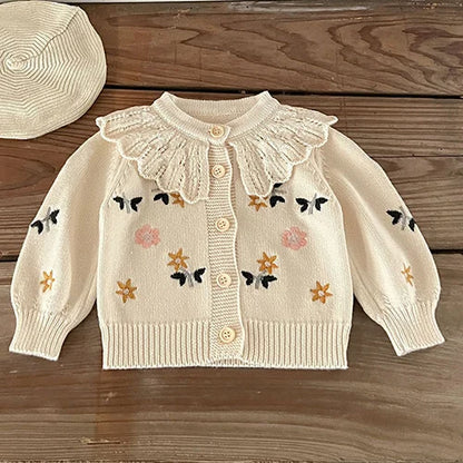 Contrast-Trim Ruffle Collar Baby Girl Cardigan Styles with Button Front and Long Sleeves, Infant and Toddler Knit Sweater Options in Sizes 3M-3T