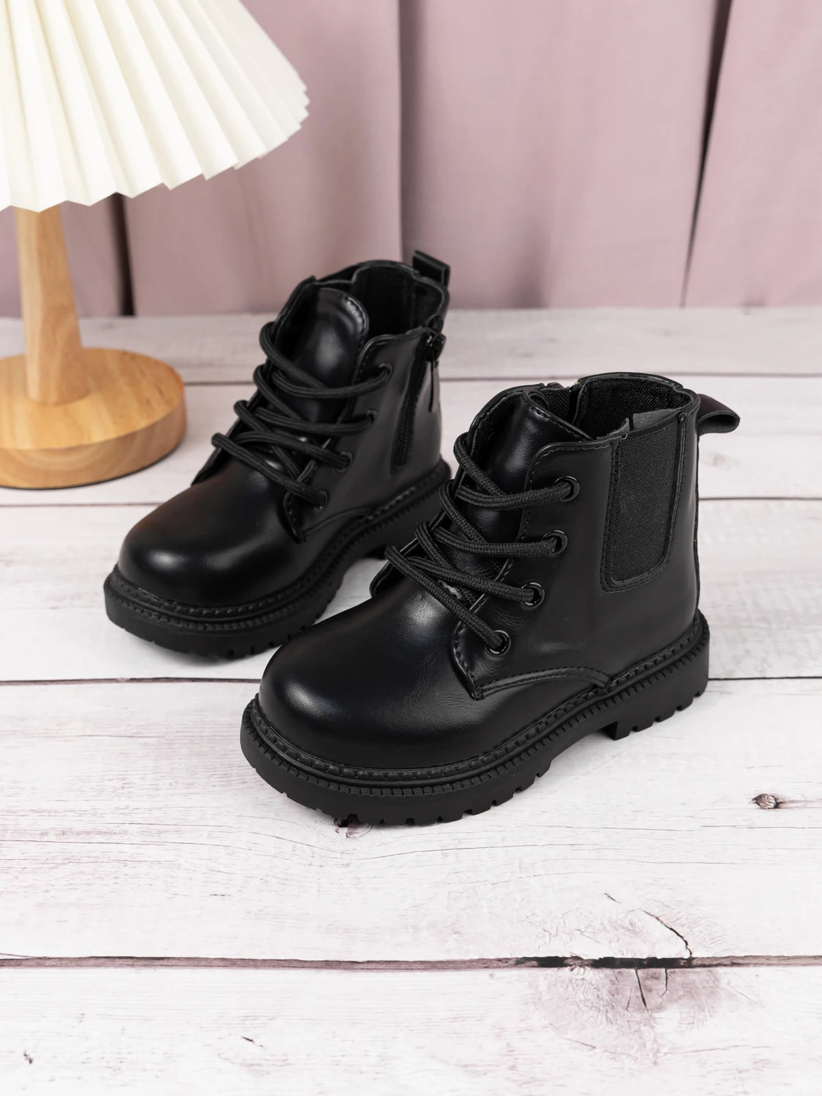 Kids PU Leather Combat Ankle Boots with Lace-Up Front, Side Zipper and Black Chunky Soles, Boys and Girls Fall Winter Shoes in Sizes 21-30
