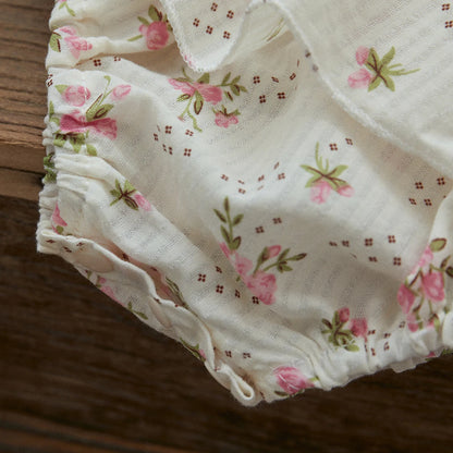 Smocked Floral Baby Girl Sunsuit with Headband, Cotton Blend Ruffle Romper with Tie Shoulder Straps for Summer Photos, 0-24 Months