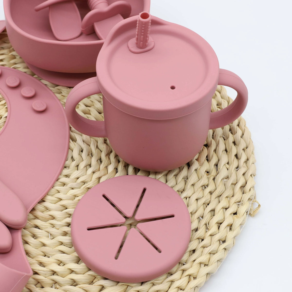 Baby Silicone Tableware Set, 9-Piece Mealtime Collection with Divided Plate, Suction Bowl, Pocket Bib, 2-in-1 Cup and Utensils in Four Colors