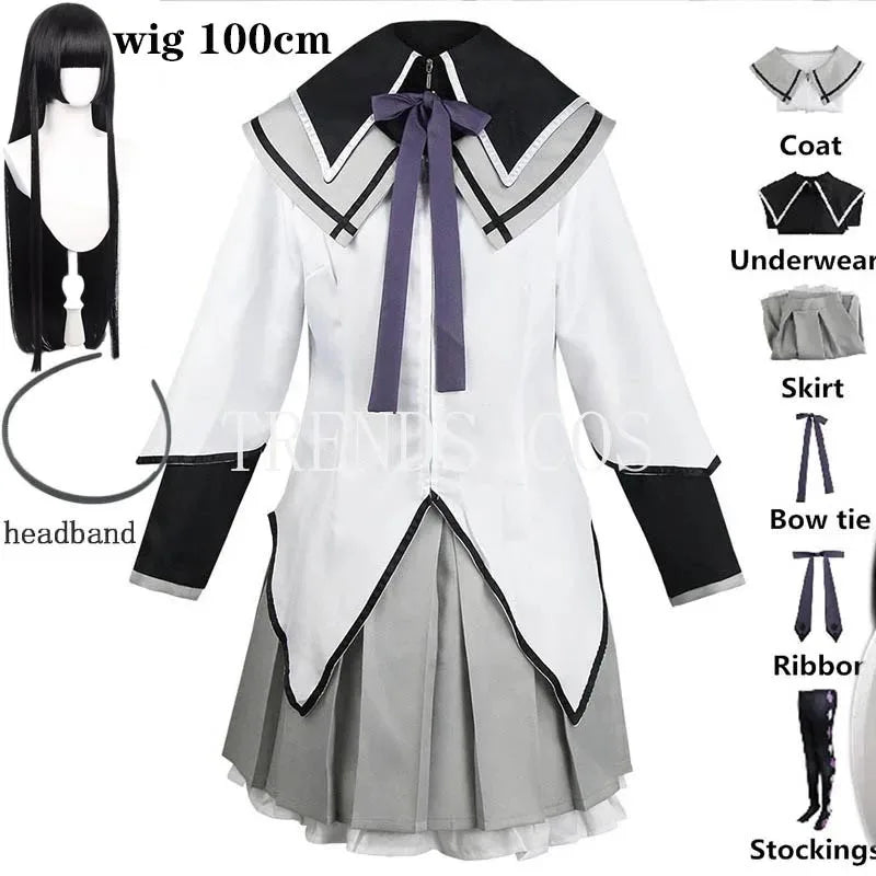 Akemi Homura Cosplay Uniform with White Coat, Gray Skirt, Purple Bows and Stockings, Anime Character Outfit for Halloween and Convention Events