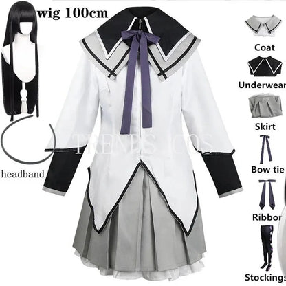 Homura Akemi Costume Set with Coat, Skirt, Bows and Stockings, Anime Cosplay Uniform with Optional 100 cm Wig for Halloween and Conventions