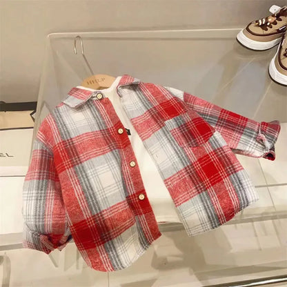Plaid Kids Long Sleeve Button-Down Shirt with Classic Collar, Retro Casual Layering Top for Boys and Girls, Size Labels 90-150 cm