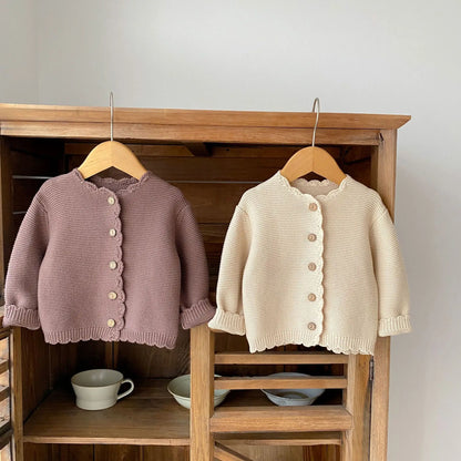 Scalloped Neck Baby Cardigan with Button Front, Textured Knit and Ribbed Cuffs, Long Sleeve Infant and Toddler Sweater in Khaki or Apricot