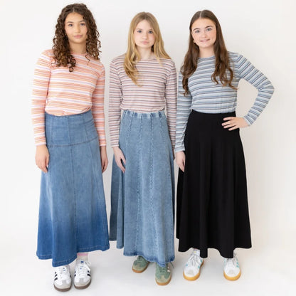 Denim Panel Pleated Skirt for Girls, Teens and Women, Washed Blue and Gray Cotton Styles with Black Jersey Option for Everyday Casual Outfits