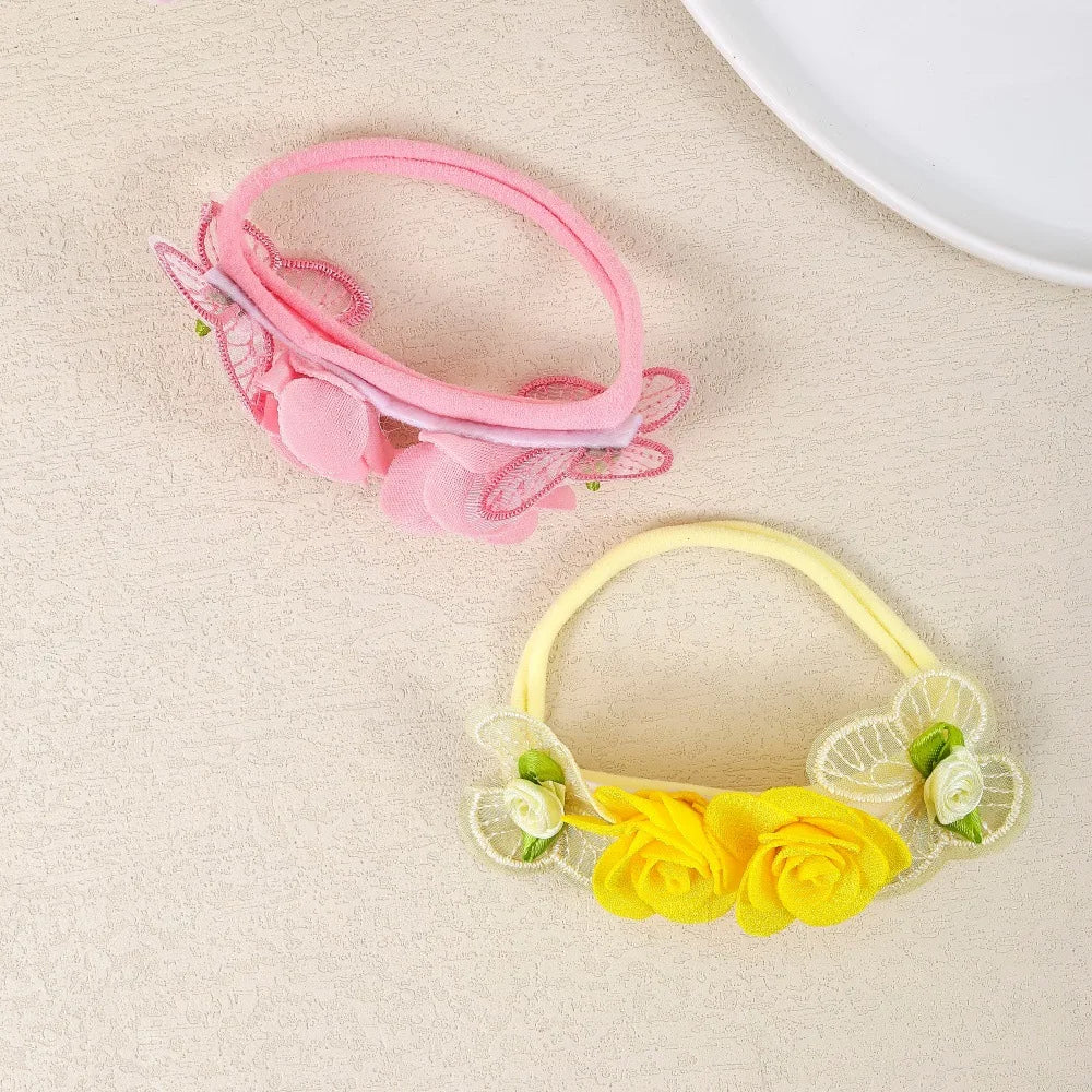 Flower Baby Headbands, 5-Piece Nylon Elastic Band Set with Layered Fabric Roses and Mesh Butterfly Accents for Supervised Outfit Photos