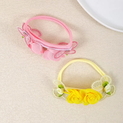 Flower Baby Headbands, 5-Piece Nylon Elastic Band Set with Layered Fabric Roses and Mesh Butterfly Accents for Supervised Outfit Photos