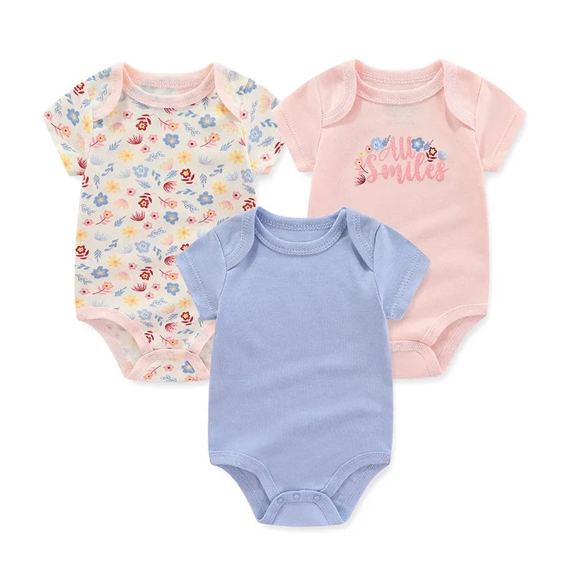 Cotton Infant Bodysuit Trio with Short Sleeves, Printed and Solid Baby One-Piece Outfits with Bottom Snaps for Boys and Girls, 3M-12M