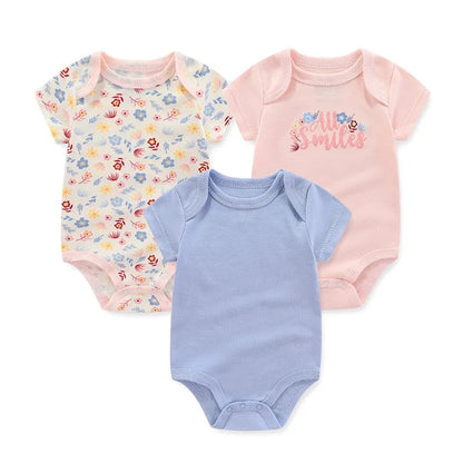 Cotton Infant Bodysuit Trio with Short Sleeves, Printed and Solid Baby One-Piece Outfits with Bottom Snaps for Boys and Girls, 3M-12M