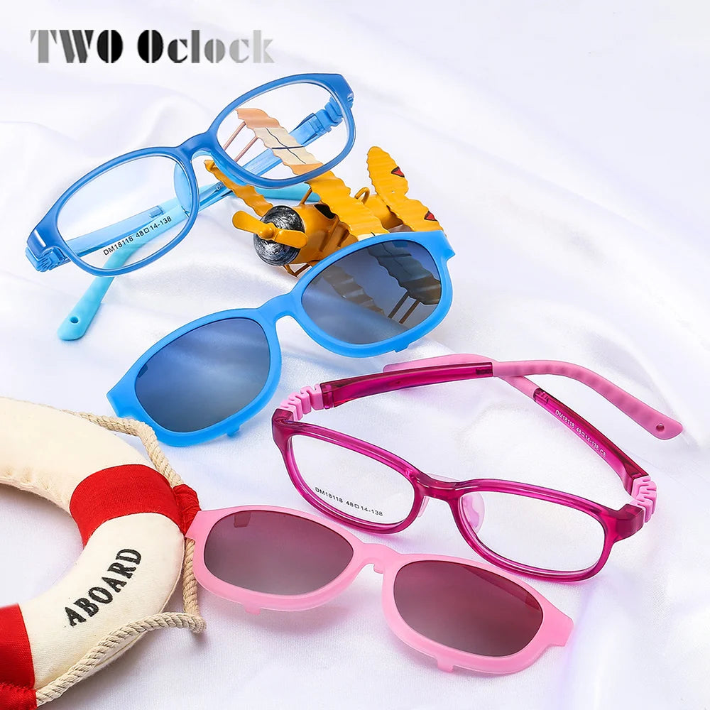 Children's 2-in-1 Sunglasses with Flexible Eyeglass Frame and Removable Sun Clip, Colorful Kids Shades for Summer Outings and Family Travel