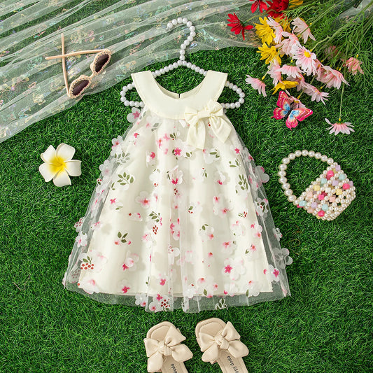 Baby Girl Floral Mesh Dress with Bow, Sleeveless Party Dress in Infant and Toddler Sizes for Birthdays, Family Photos and Summer Celebrations