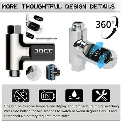 Inline Shower Water Thermometer with Large LED Temperature Display, First or Second Generation Options for Parent-Managed Bath Preparation