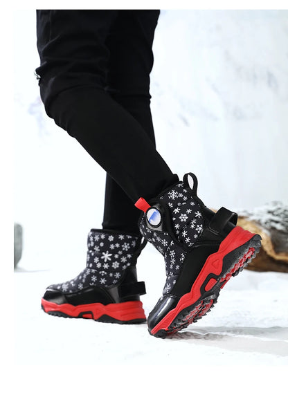 Snowflake Print Kids Winter Boots with Padded Shafts, Pull Tabs and Chunky Tread Soles, Pink Snow-Style Footwear for Boys and Girls