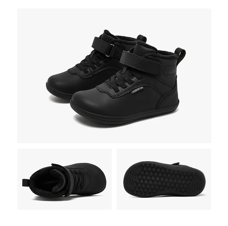 Winter Barefoot High-Top Shoes for Kids by HOBIBEAR, Wide Toe Box, Faux Fur Lining, Zero-Drop Rubber Sole and Adjustable Hook-and-Loop Strap