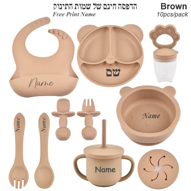 Ten-Piece Personalized Baby Feeding Set with Panda Divided Plate, Suction Bowl, Pocket Bib, Straw Cup and Utensils in Nine Color Options