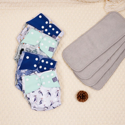 Mesh-Lined Cloth Diapers by Elinfant, 4-Pack Adjustable Pocket Baby Nappies with 4 Three-Layer Microfiber Inserts and Waterproof PUL Outer