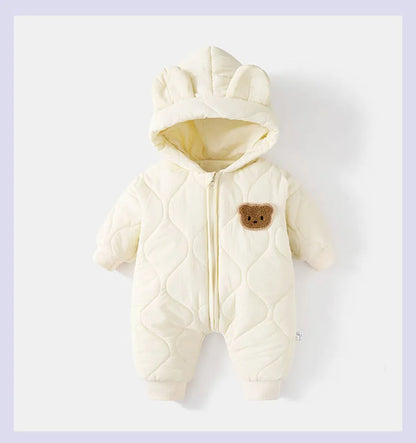 Winter Baby Bear Snowsuit, Quilted Hooded One-Piece with Plush Lining, Front Zipper and Ribbed Cuffs for Infant Boys and Girls