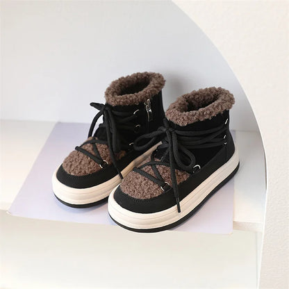 Toddler Fuzzy Trim Ankle Boots with Lace-Up Front and Side Zippers, Plush Winter Styling and Rubber Soles for Boys and Girls, Sizes 21–30
