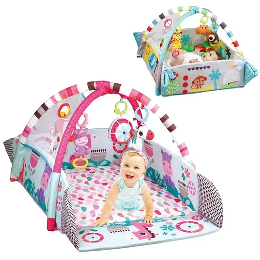 Raised-Side Baby Activity Gym with Animal Prints and Hanging Toys, 111 x 100 x 54 cm Floor Play Mat in Green or Pink for Supervised Discovery