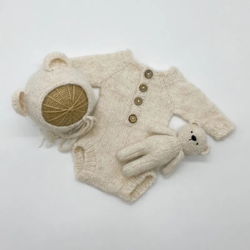 Newborn Bear Photography Outfit with Long Sleeve Knitted Romper and Bear Ear Bonnet, Optional Knit Toy for Baby Boys and Girls Portrait Sessions