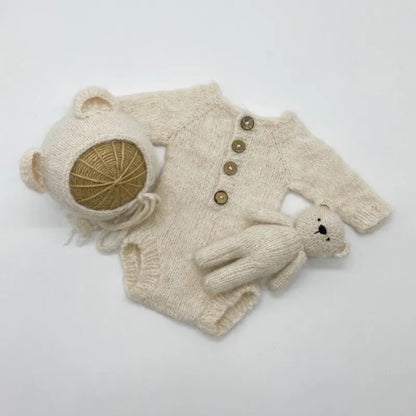 Newborn Bear Photography Outfit with Long Sleeve Knitted Romper and Bear Ear Bonnet, Optional Knit Toy for Baby Boys and Girls Portrait Sessions