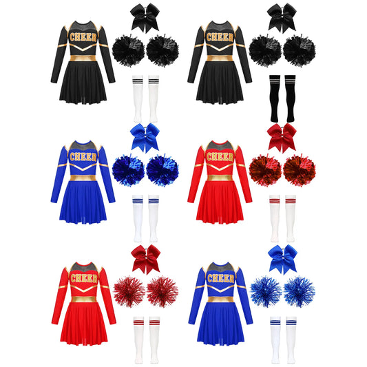 Girls Cheerleader Dress Set with Pom Poms, Bow and Striped Socks, Long Sleeve Mesh-Detail Dance Costume for School Events and Stage Performances