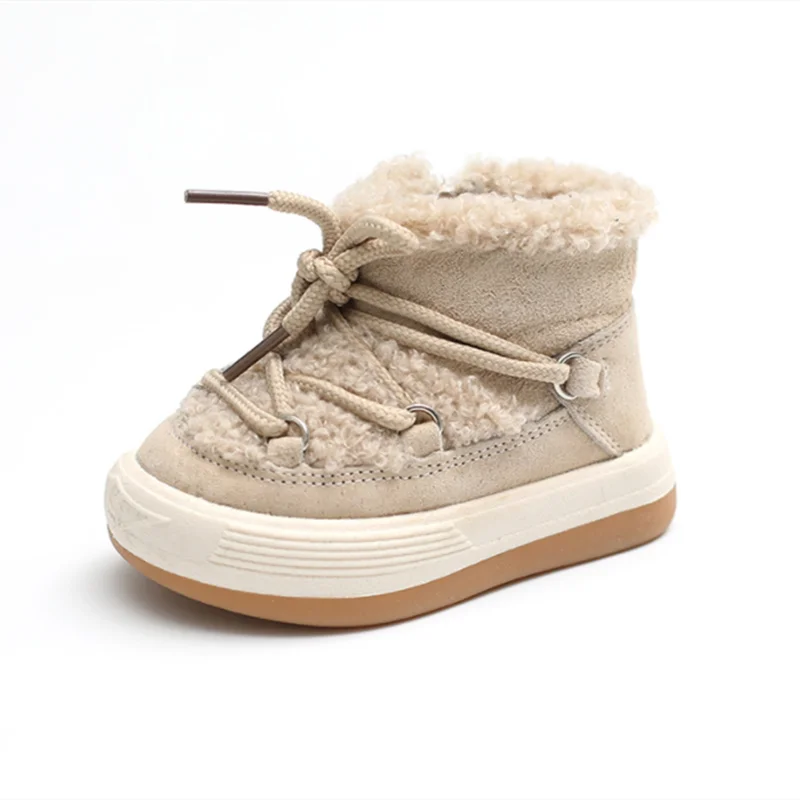 Toddler Plush Ankle Boots with Lace-Up Front, Rubber Soles and Fluffy Trim for Boys and Girls, Beige Black or Pink Cool-Weather Shoes