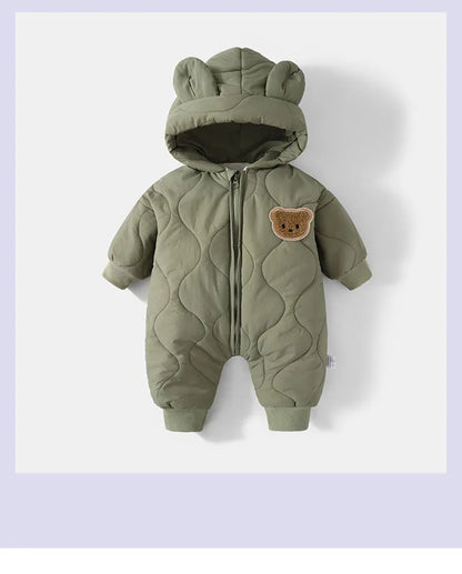 Winter Baby Bear Snowsuit, Quilted Hooded One-Piece with Plush Lining, Front Zipper and Ribbed Cuffs for Infant Boys and Girls