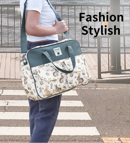 Diaper Tote Bag with Wide Opening and Printed Front Pockets, Large Capacity Baby Essentials Organizer for Moms, Travel and Everyday Outings
